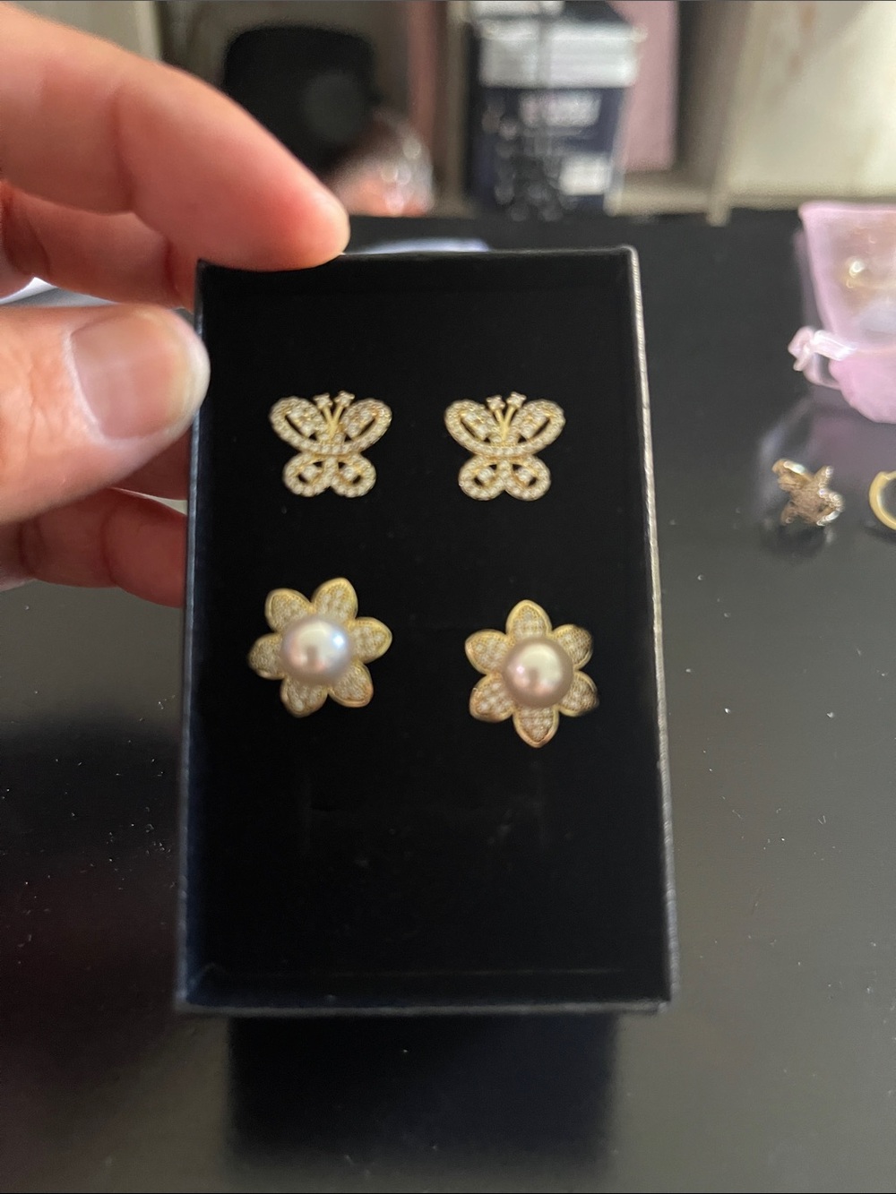 Gold Pearl Flower and Butterfly Stud Earrings - Set of 2